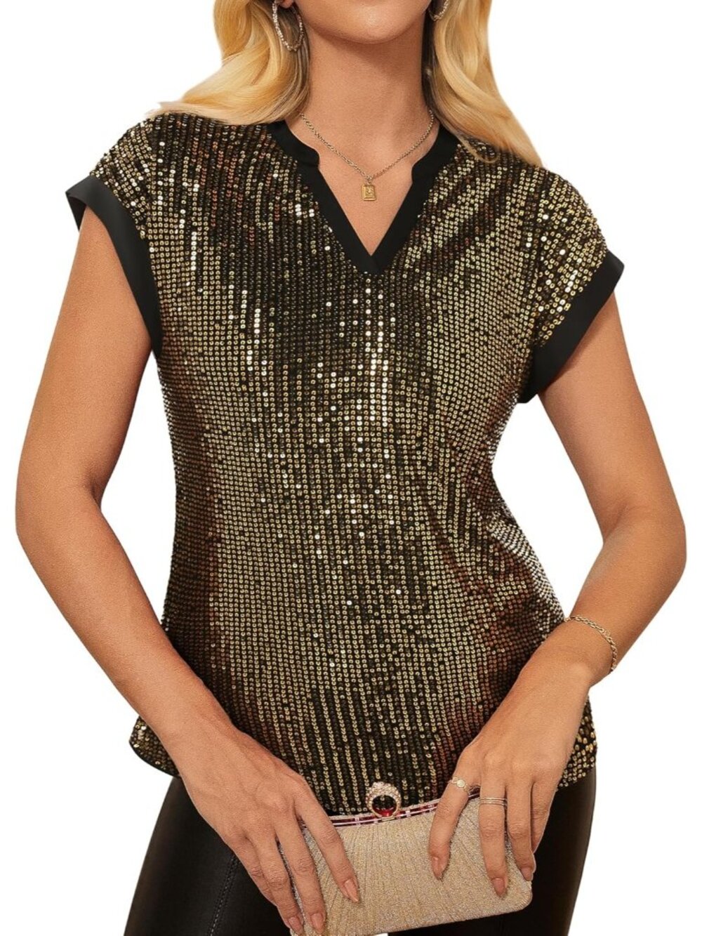 Women's Black Gold Sparkly Cap Sleeve Dressy Blouses Glitter Party V Neck Tops